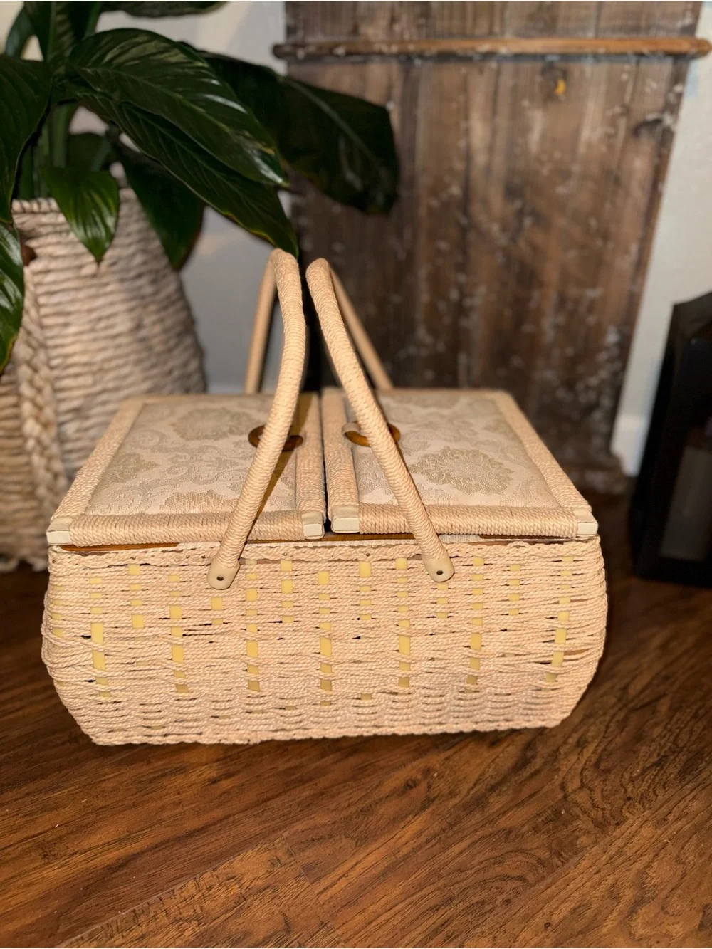 Vintage Woven Wicker Sewing Basket With Dual/Hinged Lid And Cream Tapestry Top